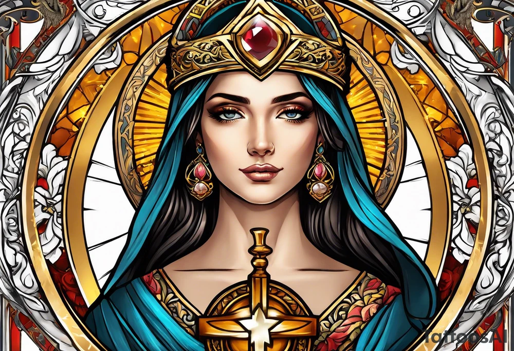 woman saint holding chalice surrounded by golden halo sideways tattoo idea