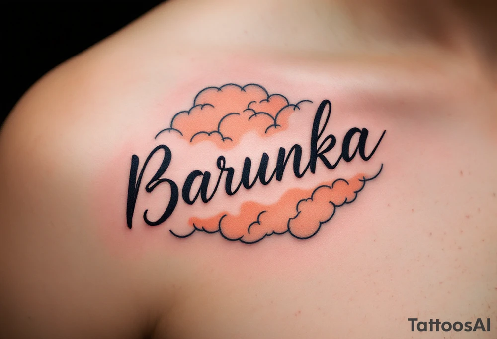 Barunka written in soft cursive, resting on peach-toned clouds. tattoo idea