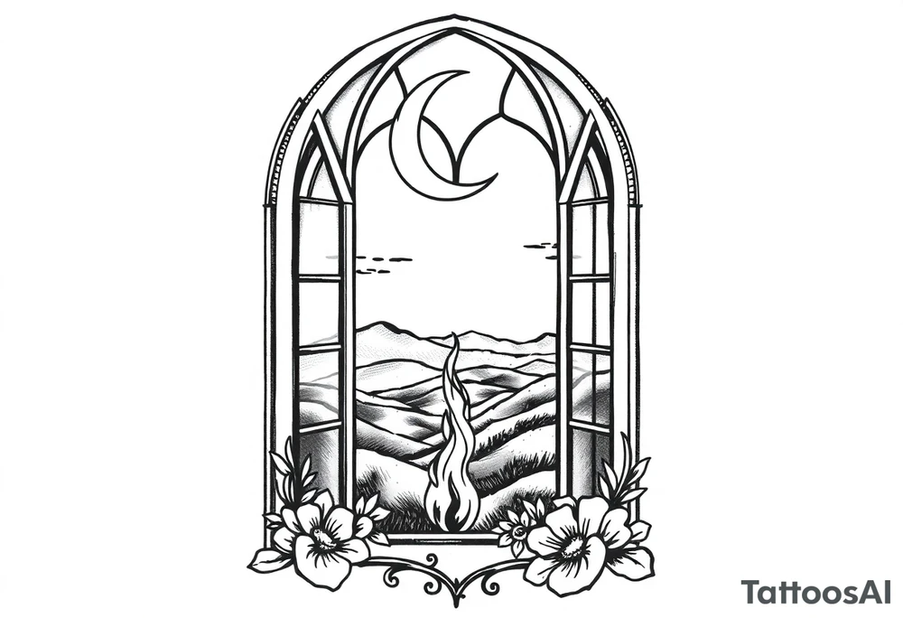 Tall church window with stained glass showcasing crescent moon over a hilly landscape as a fire burns in the distance '


, tattoo idea