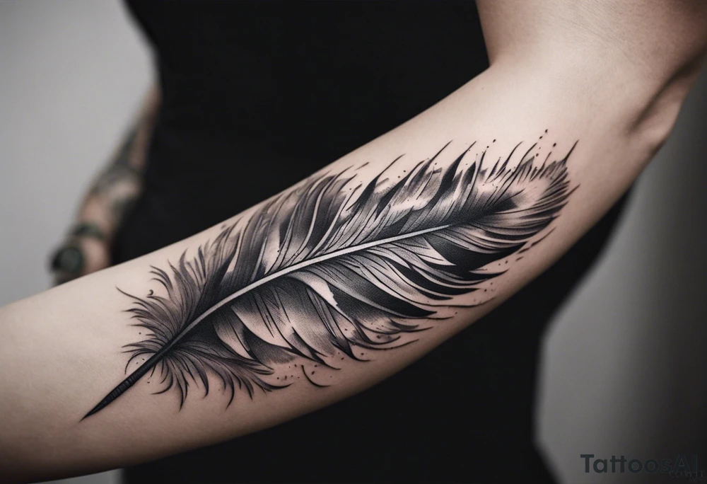 The tattoo begins on the left arm, at the elbow, where feathers are flying under the action of the wind towards the left hand. These feathers share the air space with branches that have leaves, and both elements move together up the left arm. As they approach the shoulder, some lightning appears between them. At this point, the feathers start to converge toward the left chest, where a vortex of energy reveals the head of an owl. The branches converge toward the left side of the back, passing over the shoulder. On the left side of the back, there is a dense, psychedelic element representing the energy of life's creation, with references to the earth, element, and planet. There is also a clay house in this area. tattoo idea
