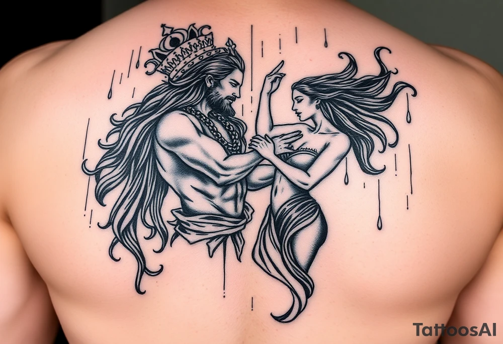 Two beautiful souls a God and a goddess dancing in the rain with pure Bliss depicting the masculinity of the male and erotic female tattoo idea