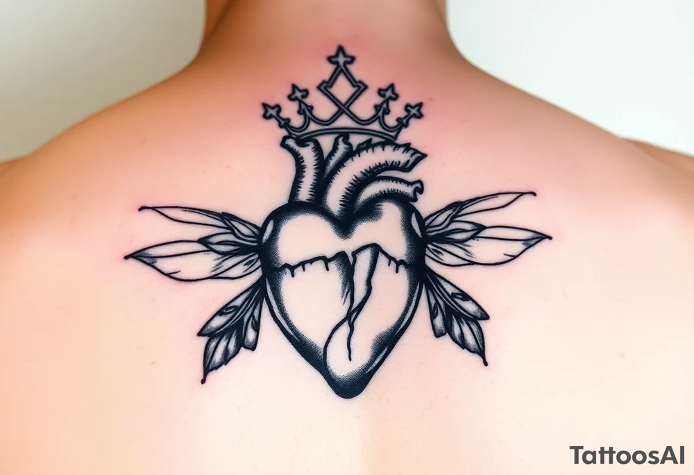 heart with crown and butteflys tattoo idea