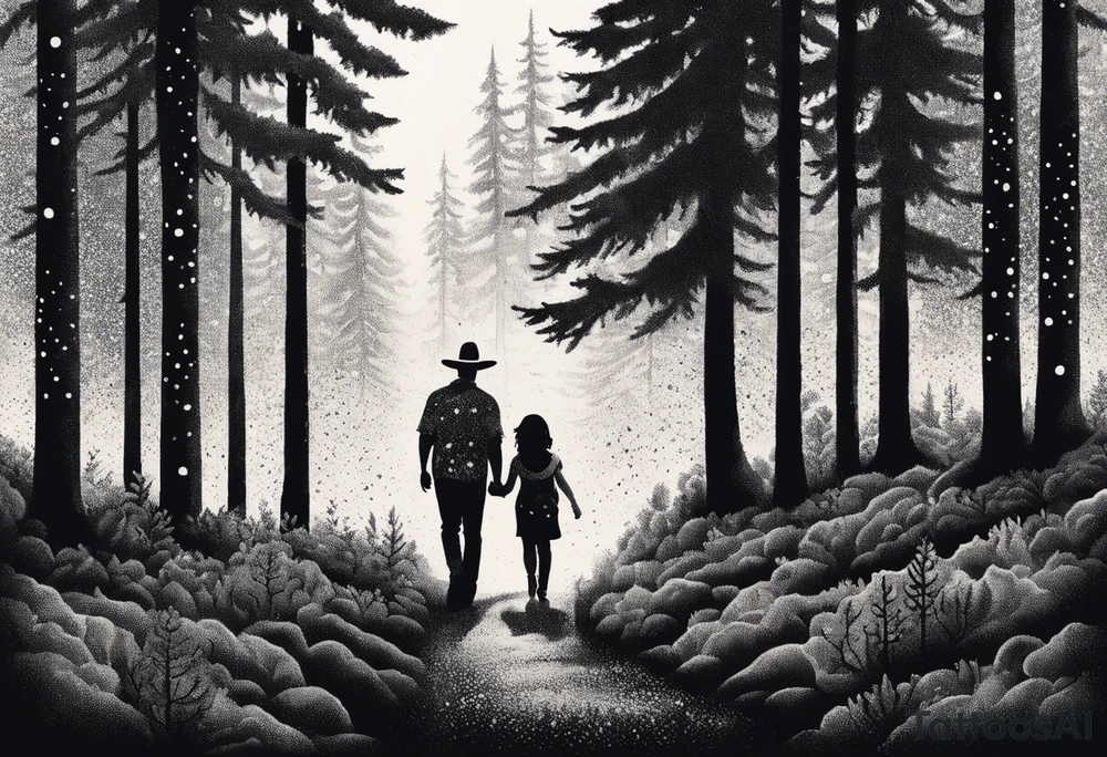 A shadow of a father and wife and young son and young daughter  walking through the Pacific Northwest Forrest. Mexican art. Trust in God tattoo idea