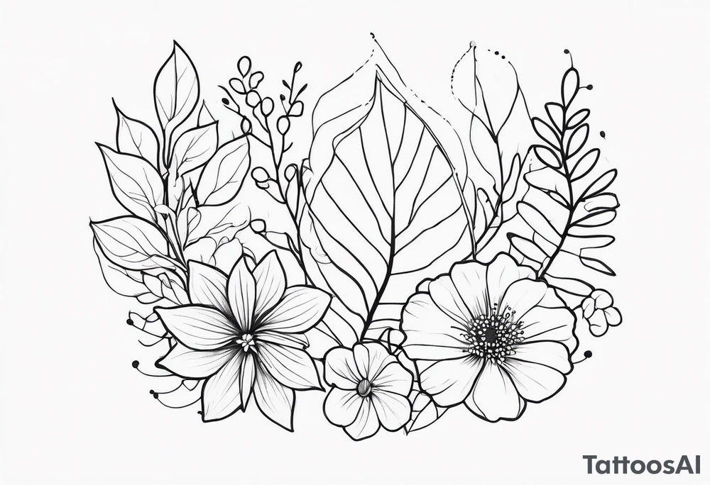 line of leaves and flowers tattoo idea