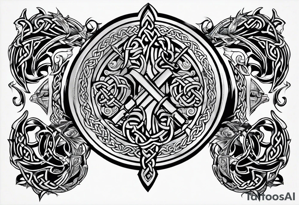 Medial view Celtic warrior weapons unsheathed tattoo idea