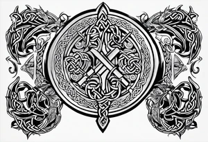 Medial view Celtic warrior weapons unsheathed tattoo idea
