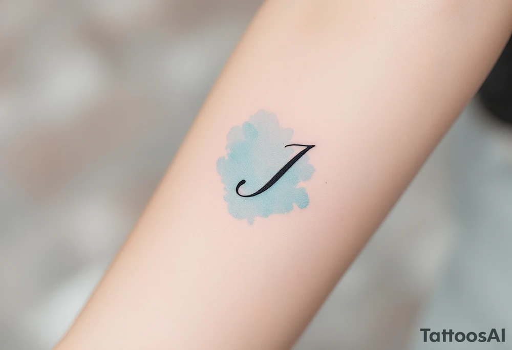 Minimalist thin-line "J" in crisp black, floating above a soft watercolor teal splash. tattoo idea