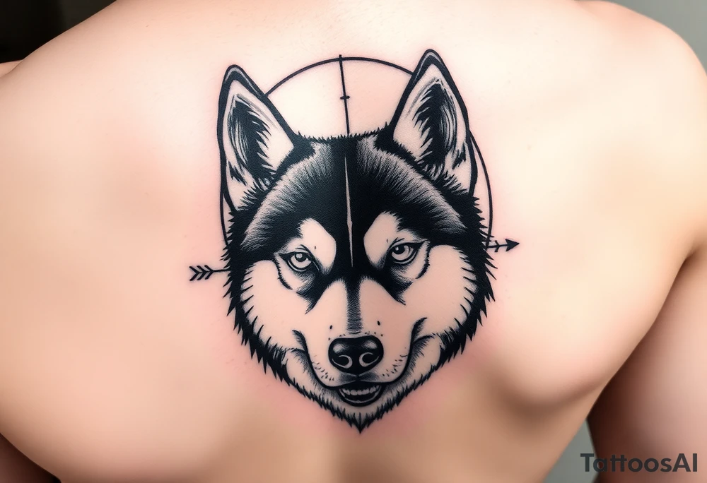 create a tatto of the face of a female husky looking at a half a moon with a arrow crossing tattoo idea
