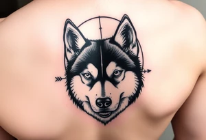 create a tatto of the face of a female husky looking at a half a moon with a arrow crossing tattoo idea