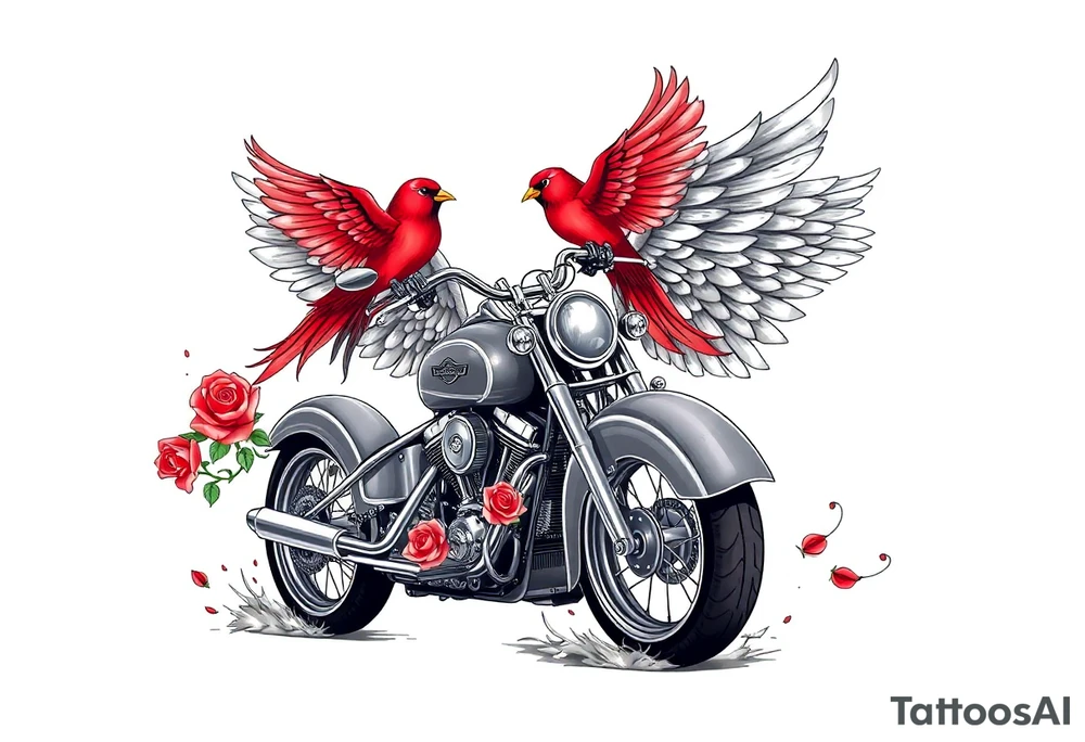 Harley grey motorcycle driving away, two red birds flying, roses, flames, angel wings tattoo idea