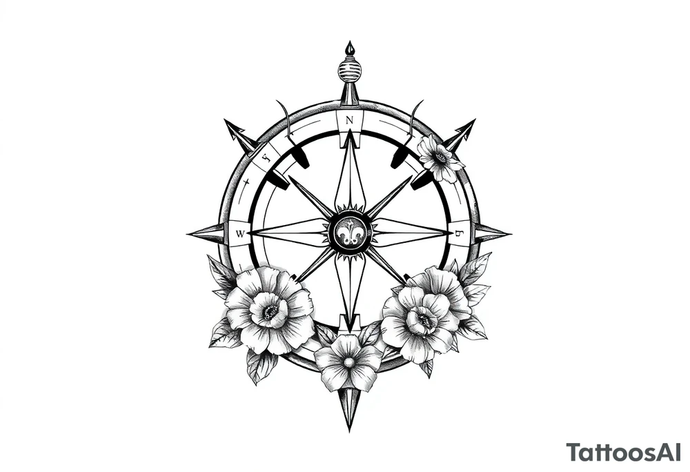number 6 with a nautical compass in the middle of the circle and a fleur des lis at the center of the compass, with flowers surrounding it tattoo idea