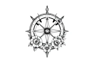 number 6 with a nautical compass in the middle of the circle and a fleur des lis at the center of the compass, with flowers surrounding it tattoo idea