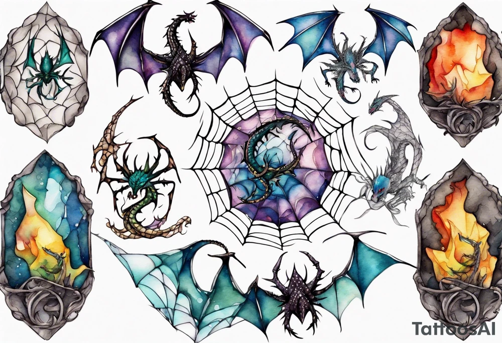 Dragon in a spiral spiderweb with jewels and shattered chalices and one spider tattoo idea