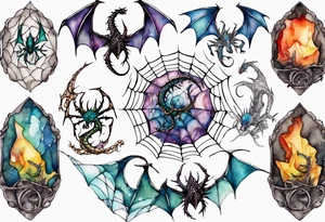 Dragon in a spiral spiderweb with jewels and shattered chalices and one spider tattoo idea