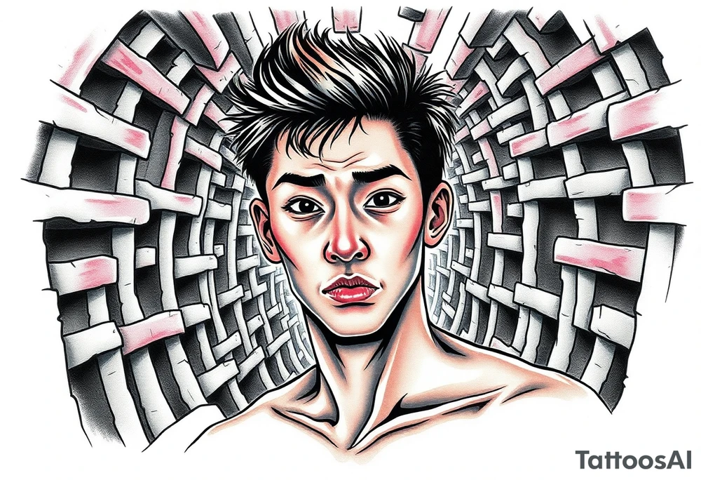 Handsome Asian young guy lost in a scary labyrinth tattoo idea