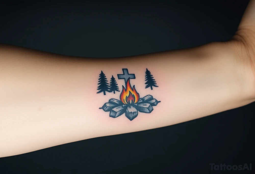 Campsite with a campfire with a cross tattoo idea