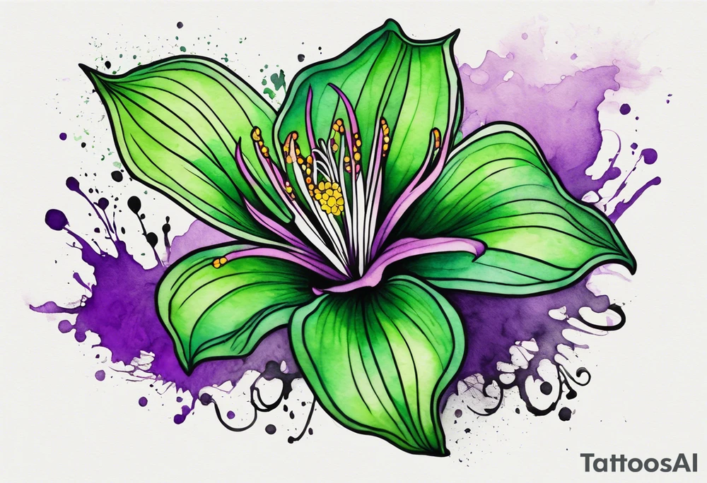 A mystical outline of a green and purple rio dipladenia flower and a green and purple watercolor splash in the background tattoo idea