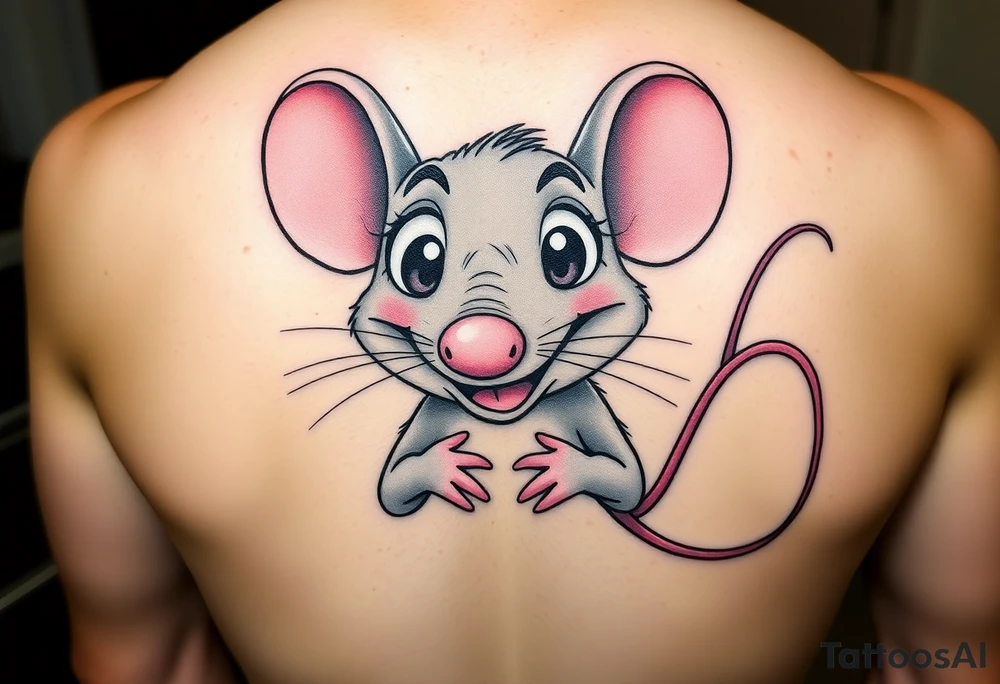 The image shows a cartoon rat with a long pointed nose, huge bulging eyes, and a cheeky, mischievous smile. The rat is grey with big pink ears and a thin pink tail visible on the right. Its little hands are held up close to its chest in a playful, sneaky pose. The expression makes the rat look funny, surprised, and a bit sly at the same time. tattoo idea