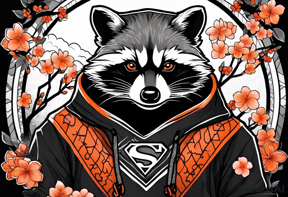 Raccoon wearing a white Superman logo on a black hoodie and orange Japanese cherry blossoms beside tattoo idea