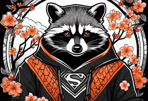Raccoon wearing a white Superman logo on a black hoodie and orange Japanese cherry blossoms beside tattoo idea
