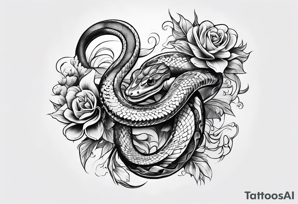 Snake with 2 fish and flowers tattoo idea