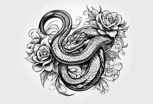 Snake with 2 fish and flowers tattoo idea