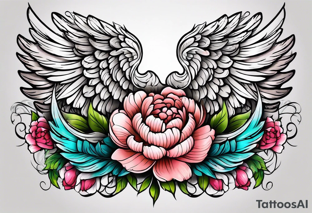 beautiful angel wings with colorful, peonies. beautiful flilligree in the background , full color, traditional old school , white background tattoo idea