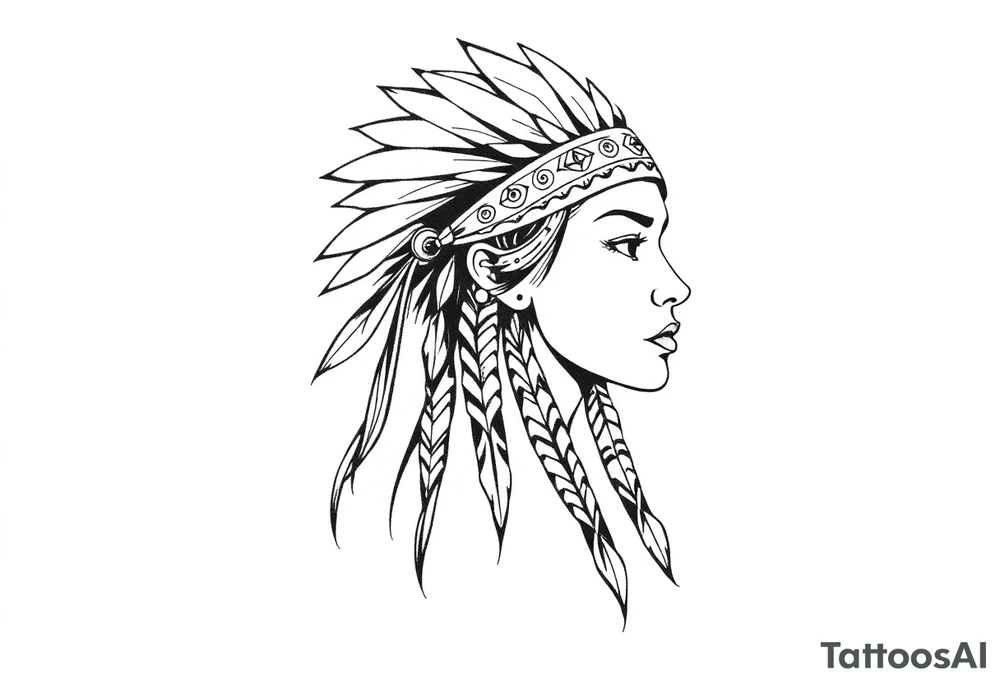 Female Native American wearing headband side pose tattoo idea