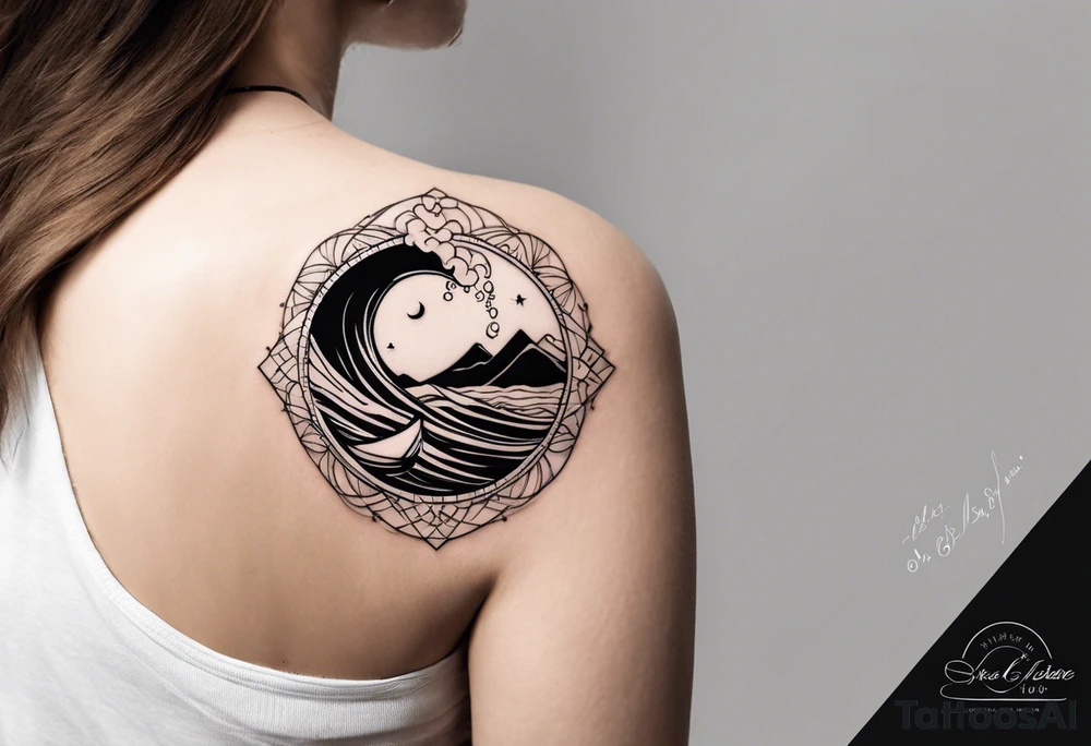 A balck tattoo for my shoulder with time and a date for my so 25.05.16 and a wave of beach about life tattoo idea