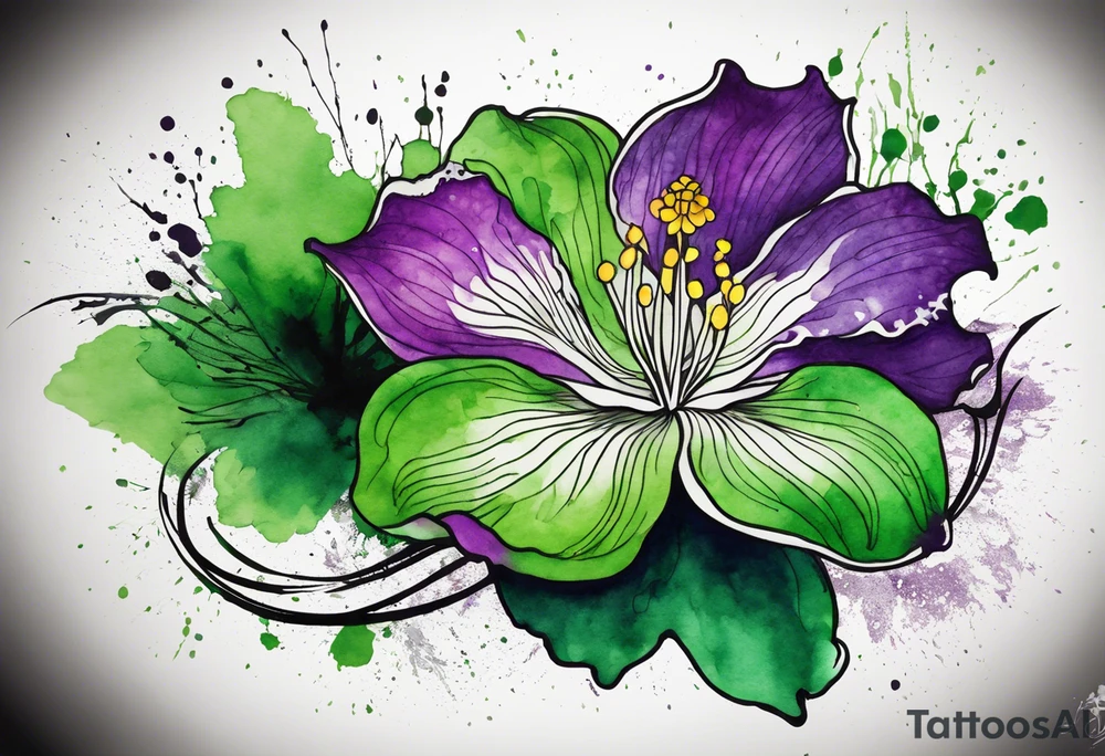 An outline of a green rio dipladenia flower and a green and purple watercolor splash in the background tattoo idea