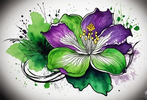 An outline of a green rio dipladenia flower and a green and purple watercolor splash in the background tattoo idea