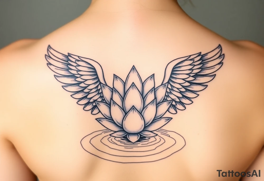 serene lotus flower emerging from sacred waters with ripples beautiful angel wing with word "Warrior" tattoo idea