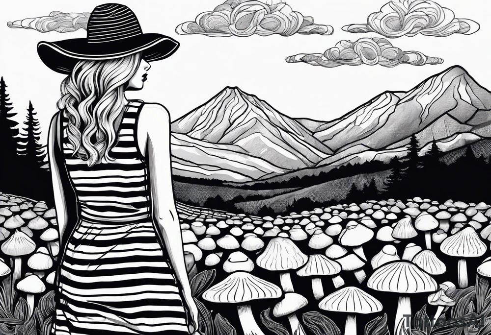 Straight blonde hair girl holding oyster mushrooms in hand facing away toward mountains surrounded by mushrooms black and white striped dress tattoo idea