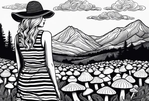 Straight blonde hair girl holding oyster mushrooms in hand facing away toward mountains surrounded by mushrooms black and white striped dress tattoo idea