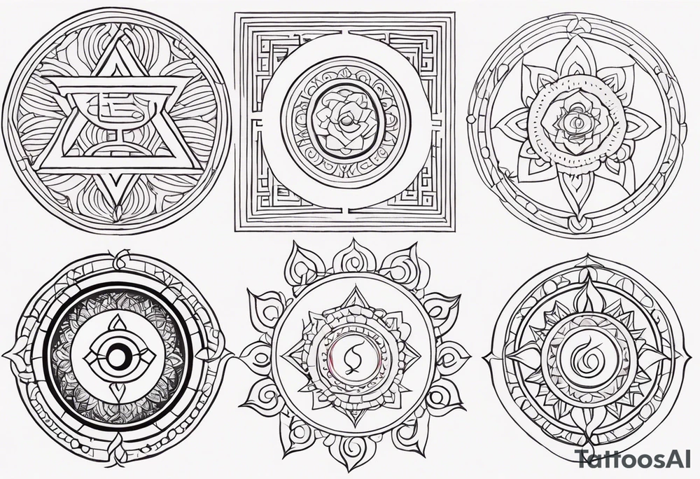 esoteric symbols, Sanskrit words and ornaments tattoo idea