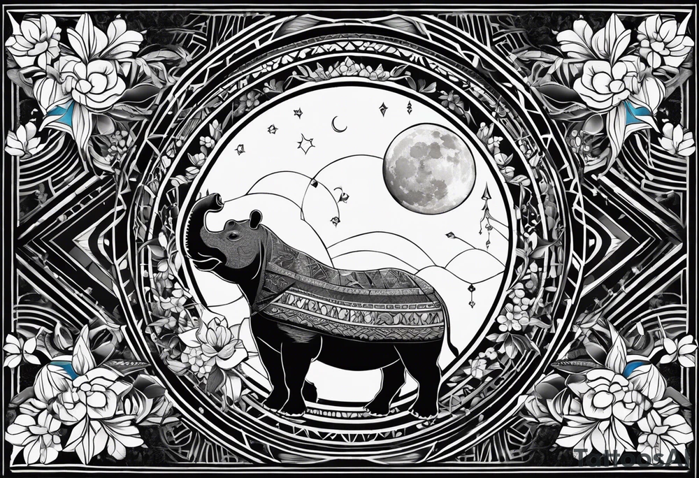 Very asymmetrical, +geometric pattern, with realistic full moon, with hippo at side look, +tribal, +geometric, +inkart , +blackwork
with wintersweet flower bud, +portrait orientation, +inkart touch, tattoo idea
