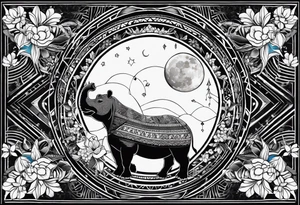 Very asymmetrical, +geometric pattern, with realistic full moon, with hippo at side look, +tribal, +geometric, +inkart , +blackwork
with wintersweet flower bud, +portrait orientation, +inkart touch, tattoo idea
