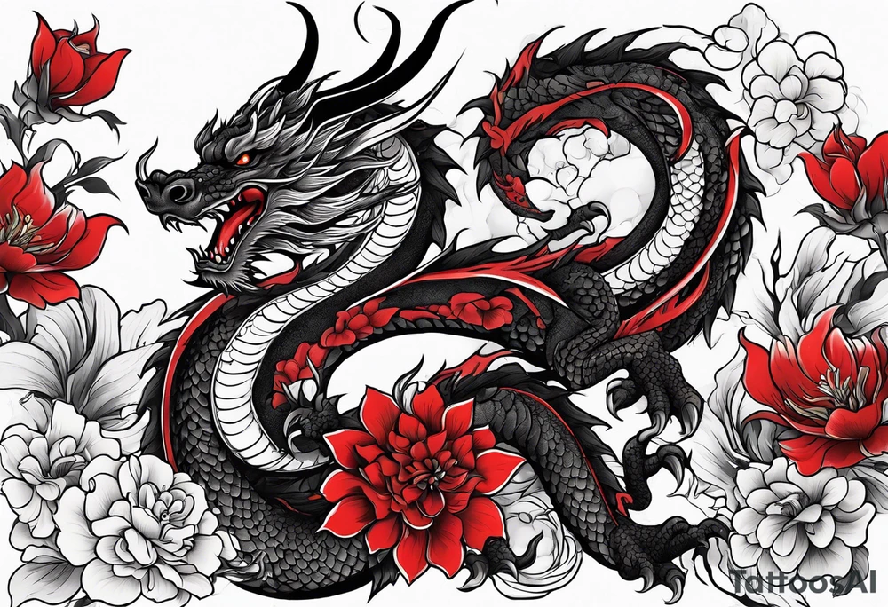 Dragon and flowers - black and red tattoo idea
