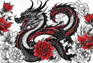 Dragon and flowers - black and red tattoo idea