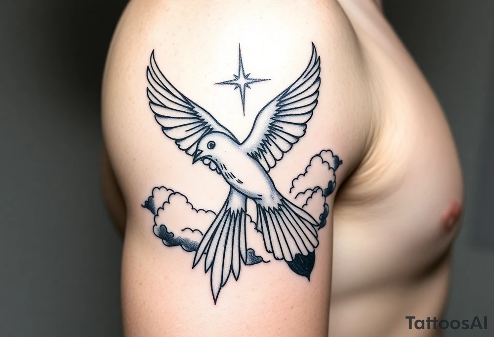 Dove and a blue jay, clouds, shining light to or from heaven tattoo idea
