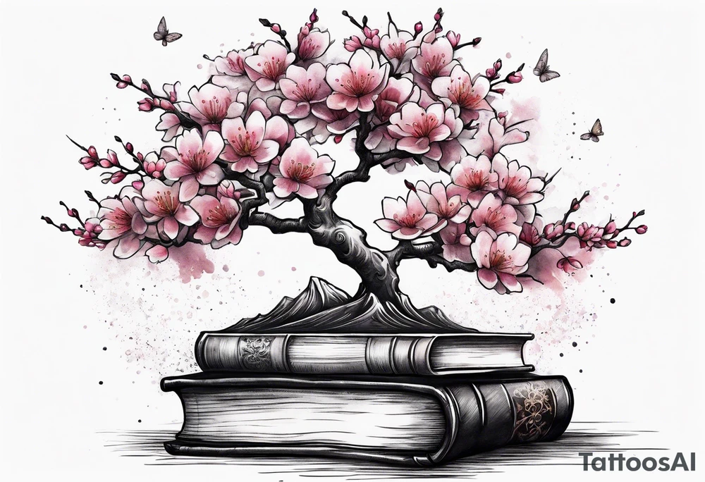 Cherry blossom tree growing out of a stack of books tattoo idea Cherry blossom tree growing out of a stack of books tattoo idea