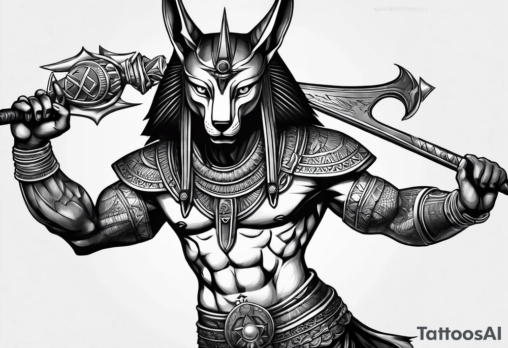 The war between Anubis  and god ra tattoo sleeve design
Building and people pirámides tattoo idea