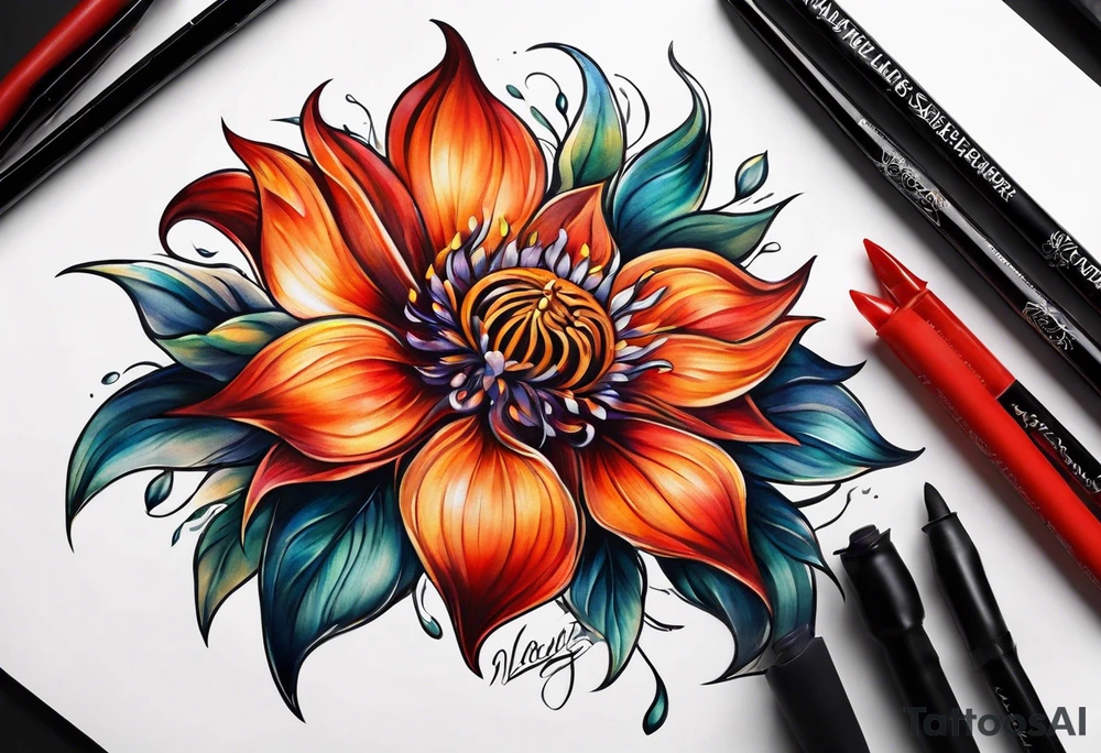 A fire wheel flower with the name Valor in the stem tattoo idea