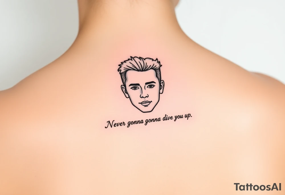Rick Astley Face and Never Gonna Give You Up text tattoo idea
