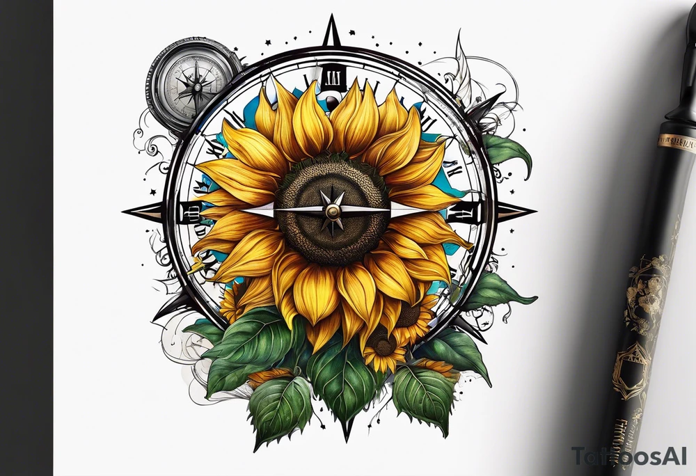 Sunflower next to a compass tattoo idea
