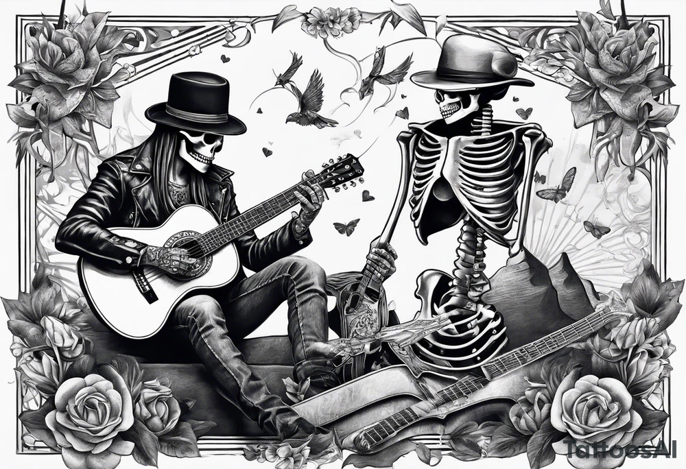 a male skeleton playing guitar while a female skeleton listens tattoo idea