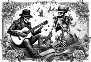 a male skeleton playing guitar while a female skeleton listens tattoo idea