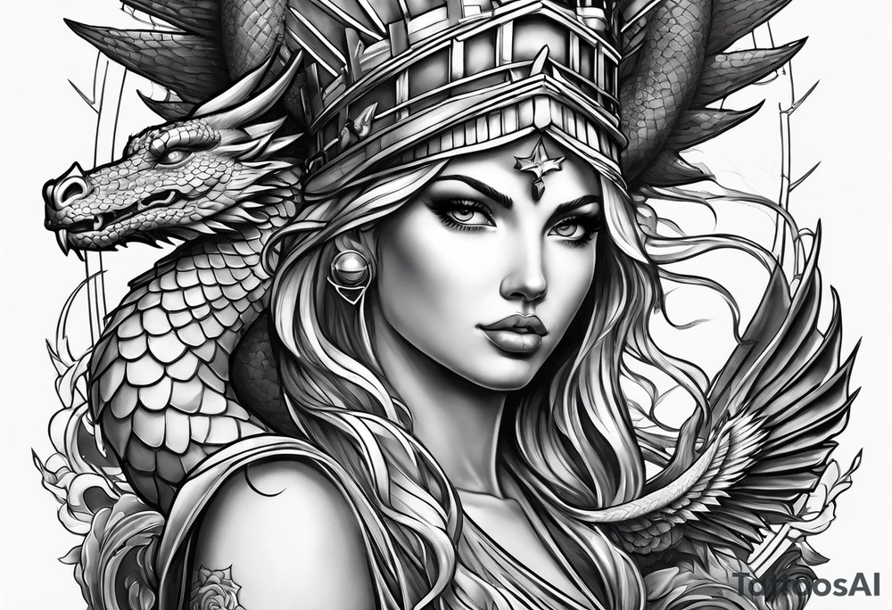 Hot girl as Statue of Liberty with dragon protecting her tattoo idea