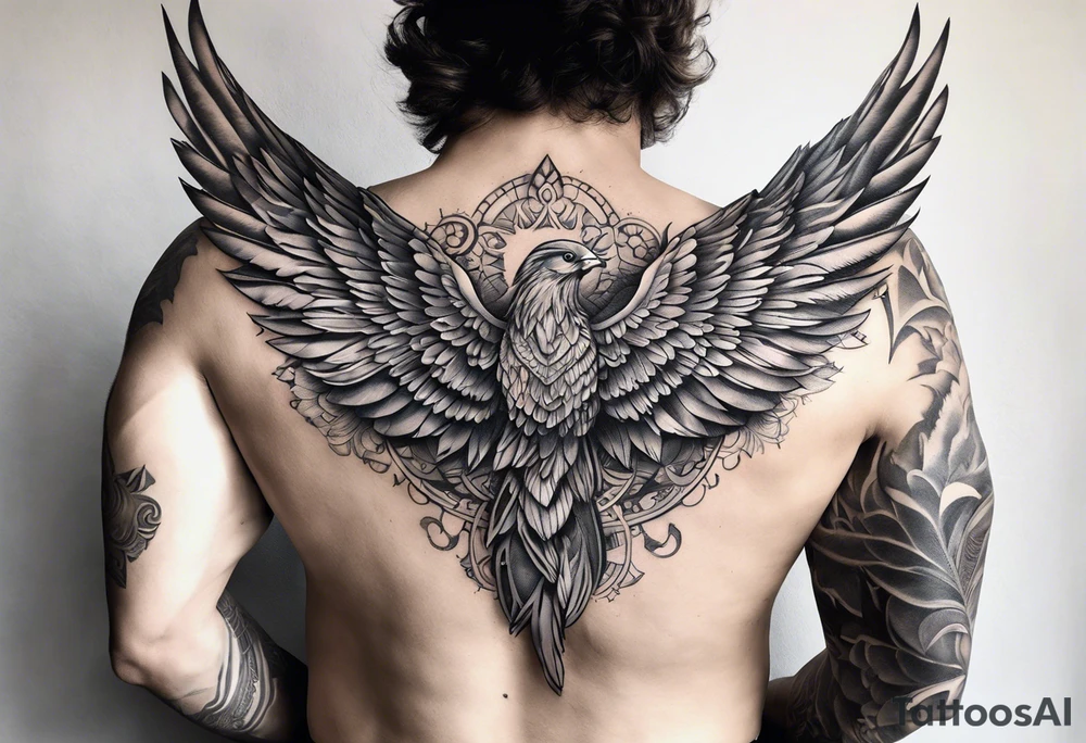 wings extending from a mens shoulders, covering the upper arms and upper back. The feathers are intricately detailed, with soft shading in black and gray to create depth and texture. tattoo idea