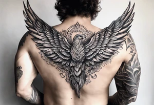 wings extending from a mens shoulders, covering the upper arms and upper back. The feathers are intricately detailed, with soft shading in black and gray to create depth and texture. tattoo idea